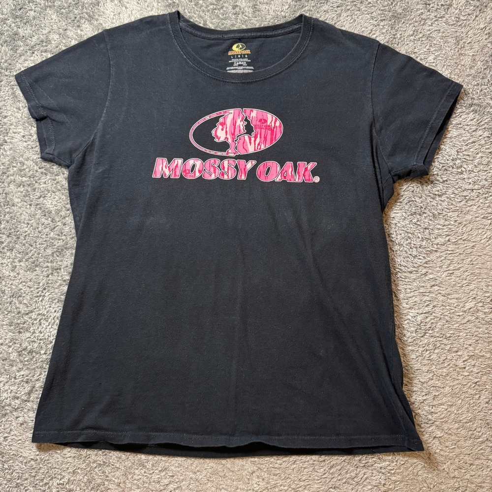 Mossy Oak Womens Graphic T Shirt L Black Pink Camo Logo Cotton Tee